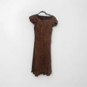 Vintage Jones New York Brown Paisley Midi Dress with Flutter Sleeves 100% silk